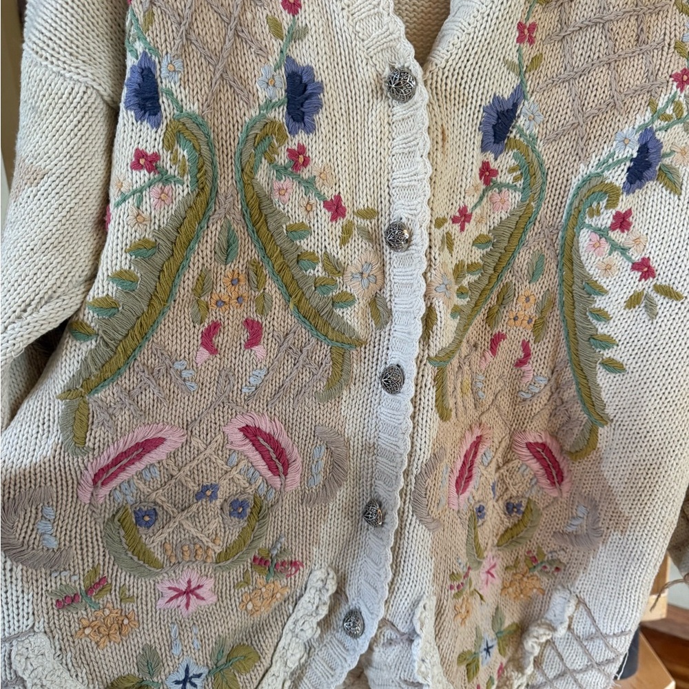 VINTAGE Jennifer Reed Sweater Womens 3x Ivory Floral Cardigan Embroidered - Picture 5 of 8